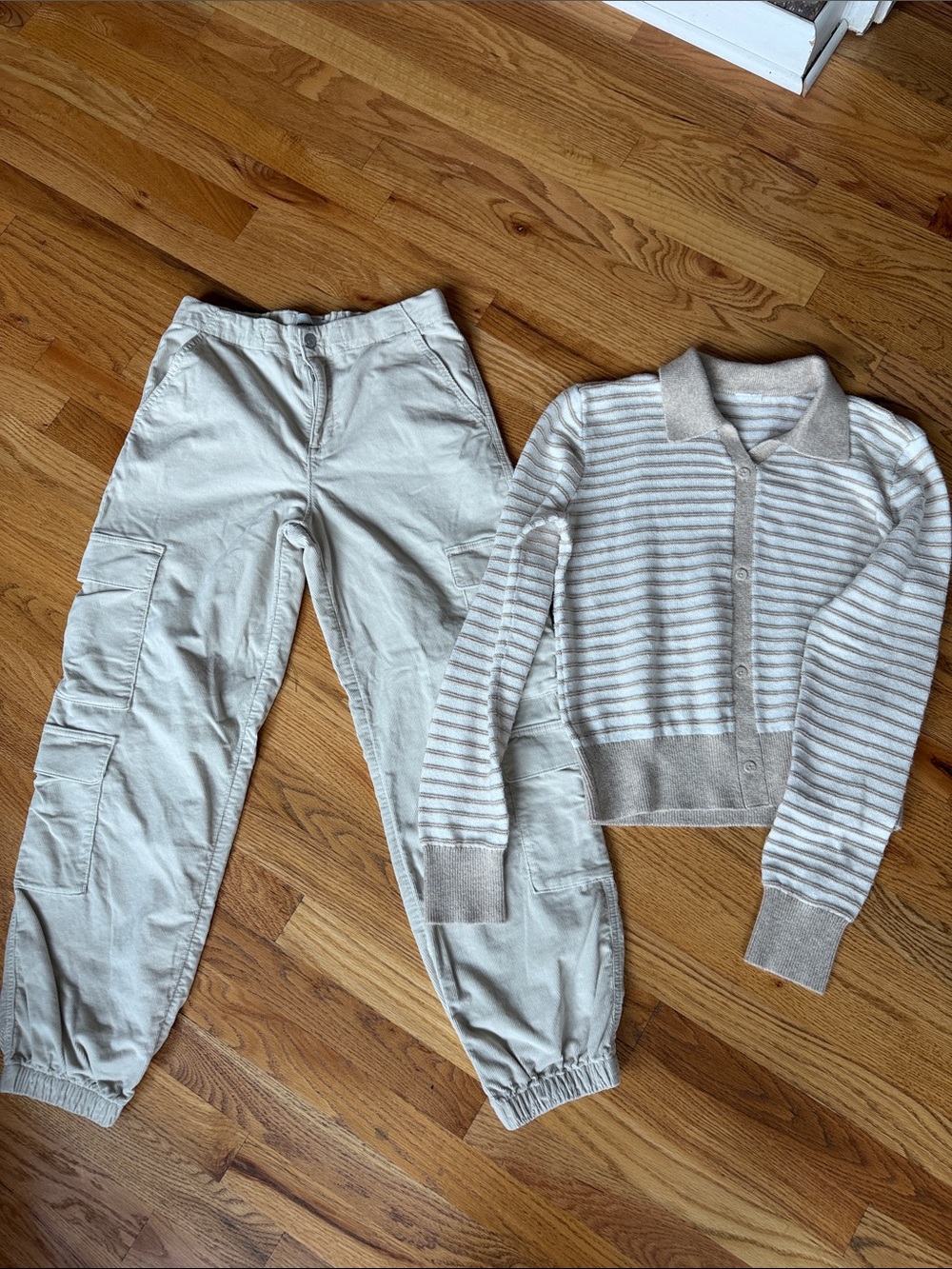 Abercrombie Beige Corduroy Cargo Pant & Cream Striped Button up sweater set